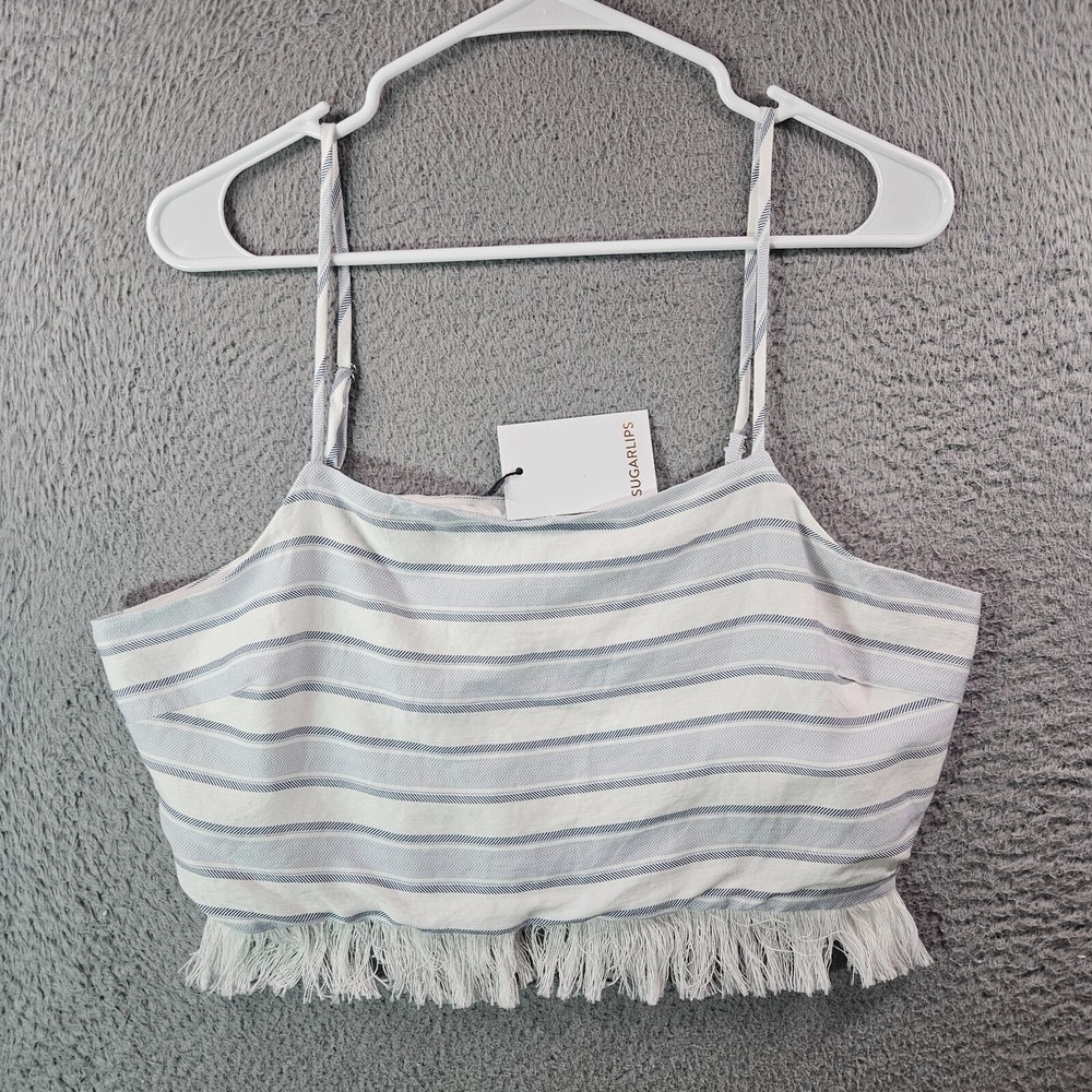 NWT Sugar Lips Tank‎ Top Cropped Women Large Adjustable Strap White Blue Striped